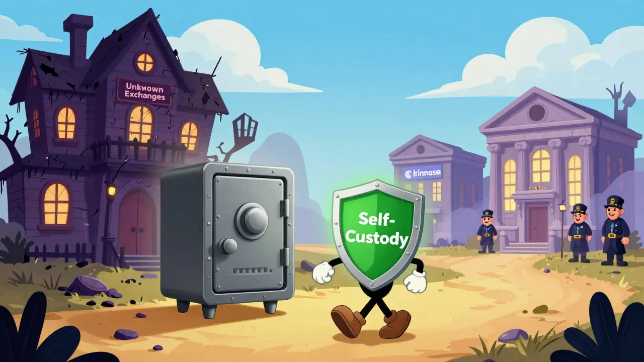 Hardware wallet character walking safely away from spooky unknown exchange