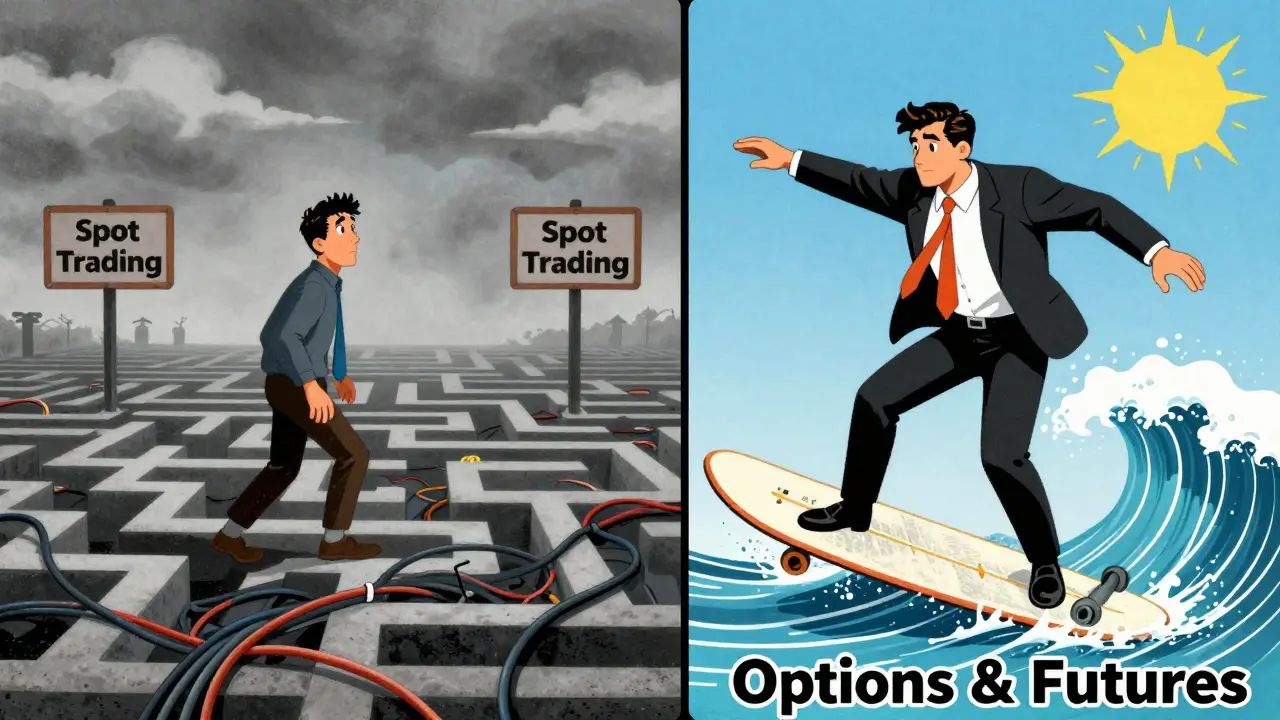 Illustration comparing confused spot trader to skilled options surfer
