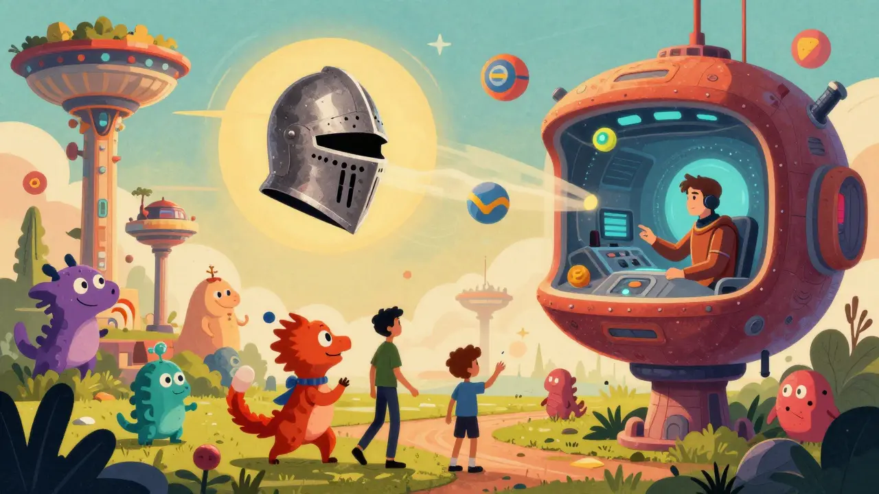 Interoperable gaming assets crossing portals between worlds in vintage illustration