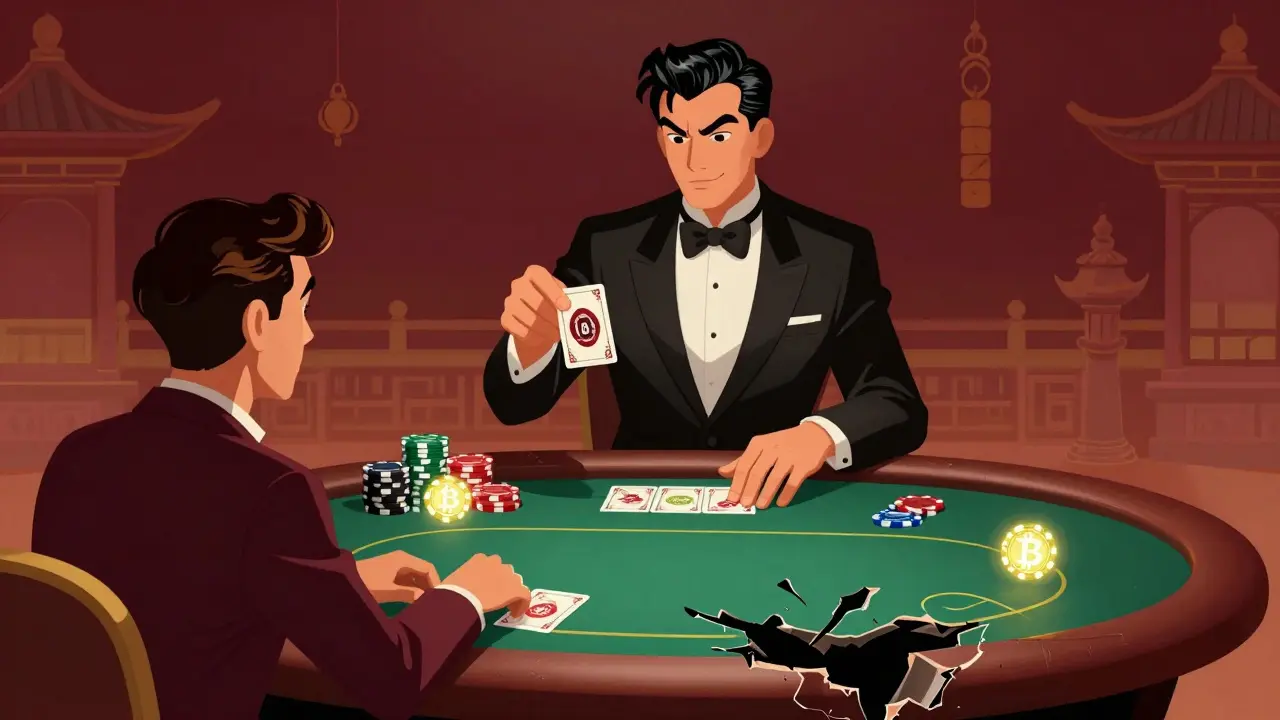 Poker table scene showing high leverage risks and liquidation in vintage cartoon style