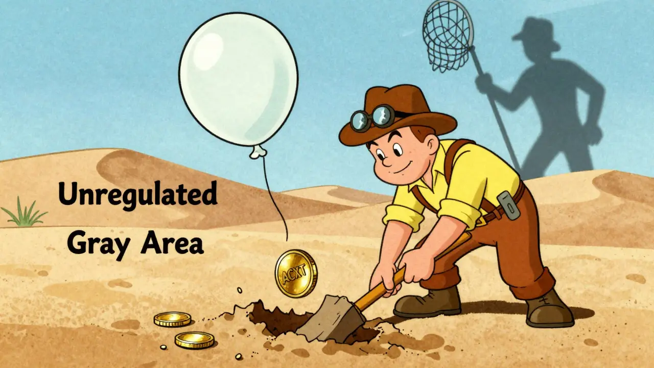 Prospector finding hollow token in unregulated sand dunes in vintage cartoon style
