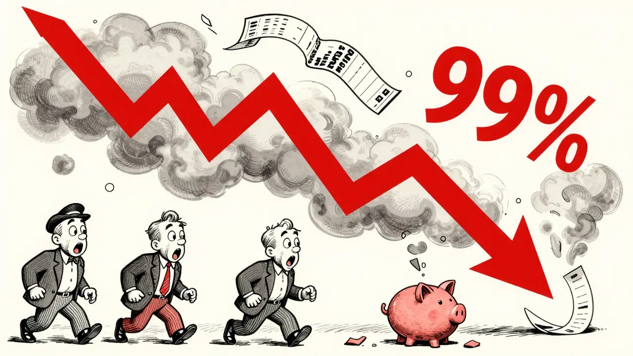 Retro cartoon showing a steep red arrow crashing down, symbolizing crypto loss.