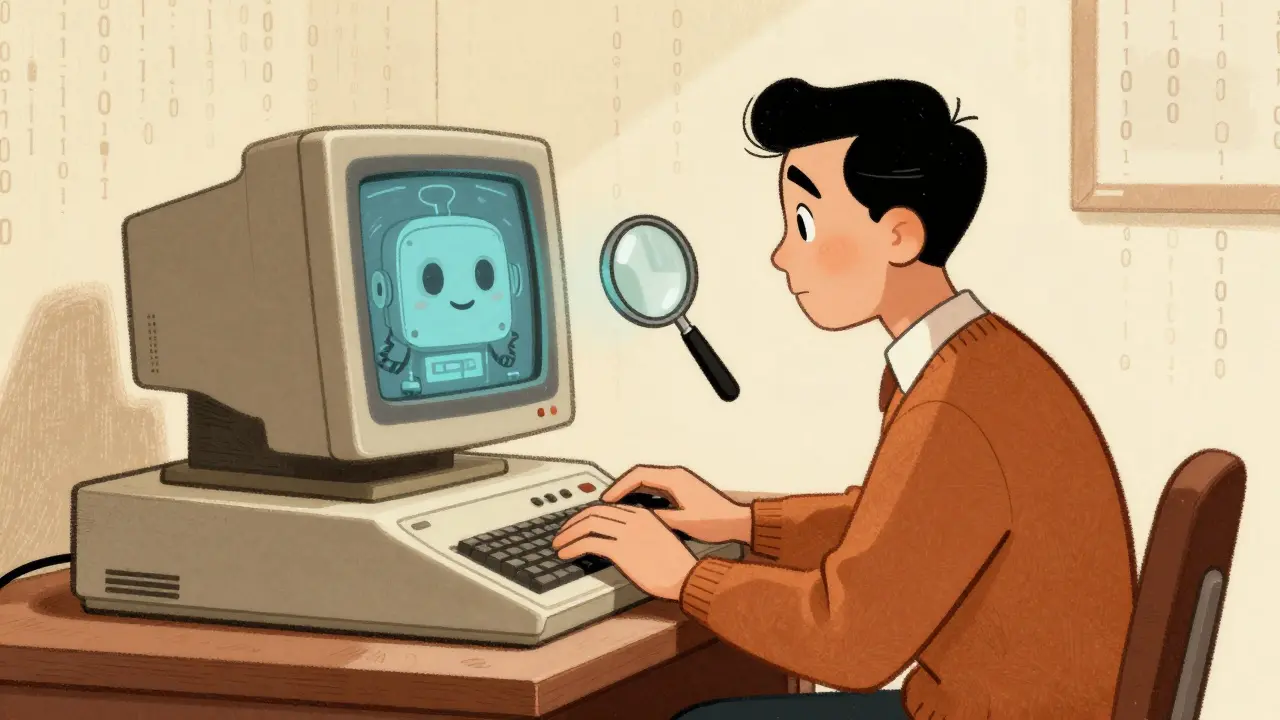 Retro cartoon user cautiously entering wallet details into a friendly robot computer interface.