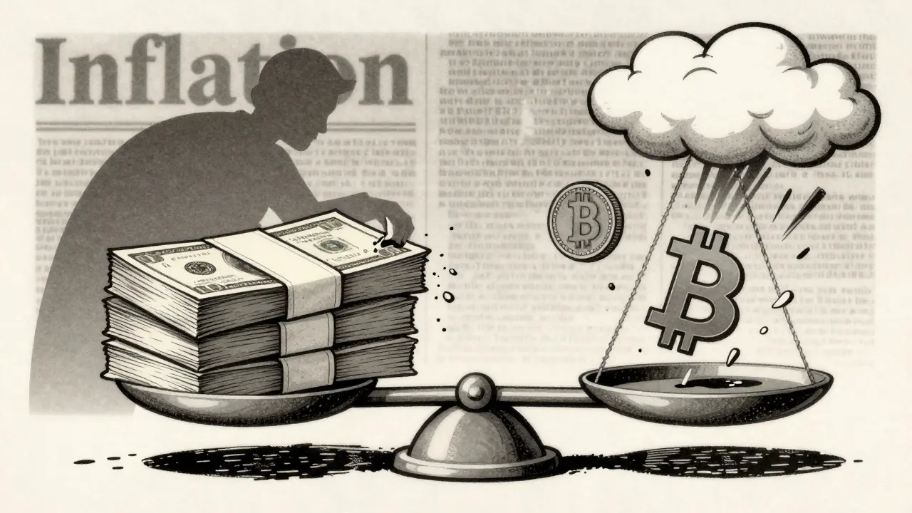Retro illustration balancing stable fiat cash against volatile cryptocurrency.