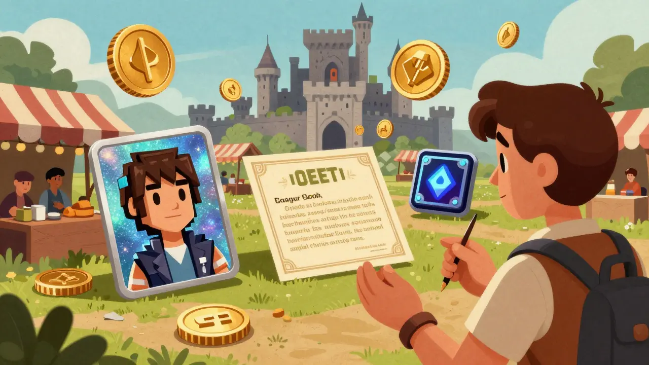 Retro illustration of a fantasy marketplace selling premium avatars and land using COBE tokens.