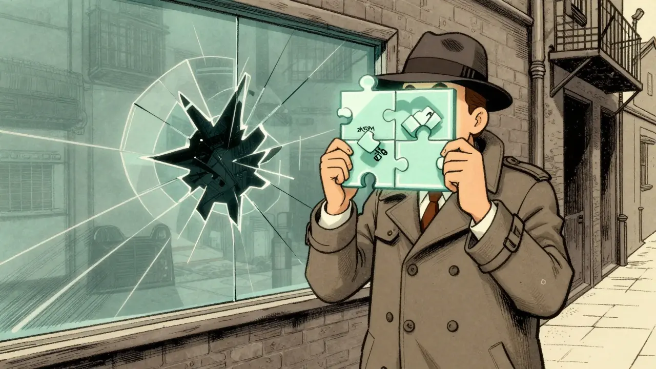 Retro illustration of a figure using a geometric shield to hide identity behind shattered glass.