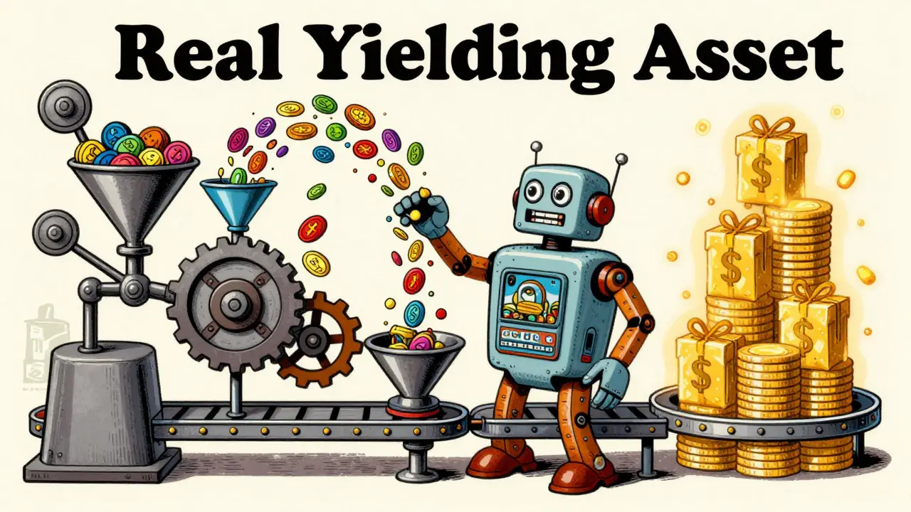 Retro illustration of a robot optimizing crypto yields in an automated factory