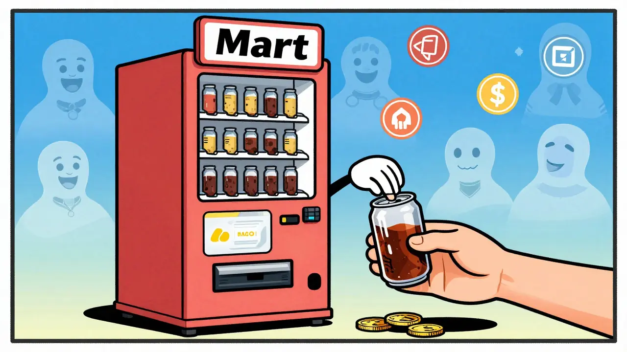 Retro illustration of a vending machine symbolizing automated smart contracts.