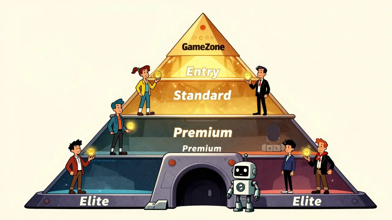 Retro illustration of four-tier VIP staking pyramid structure