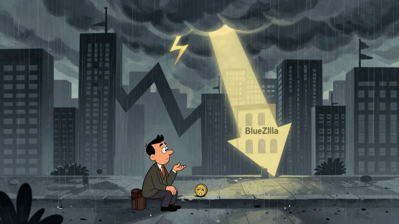 Sad investor during market crash near stable BlueZilla building