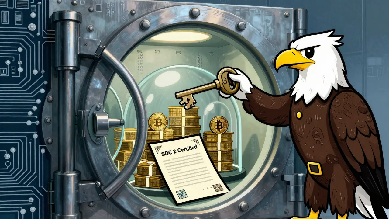 Secure vault with crypto assets guarded by a cartoon falcon