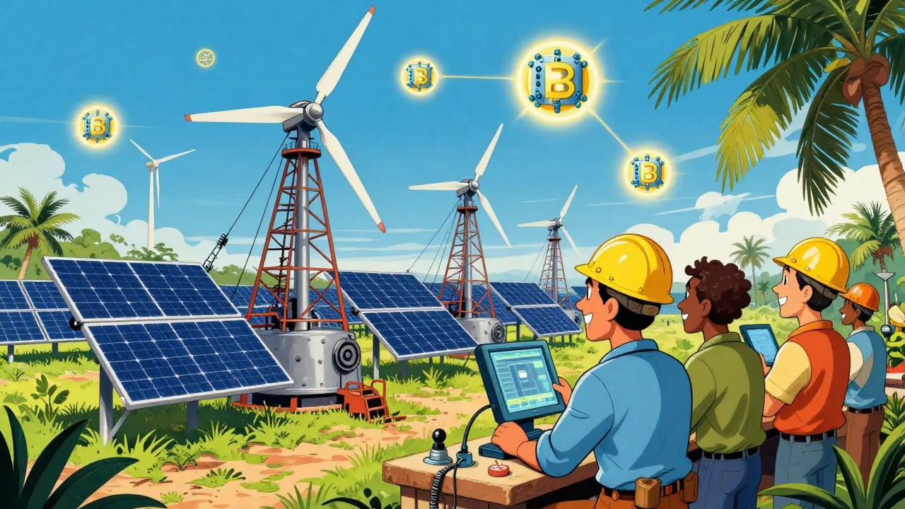 Solar-powered crypto mining farm in Cuba with technicians working outdoors