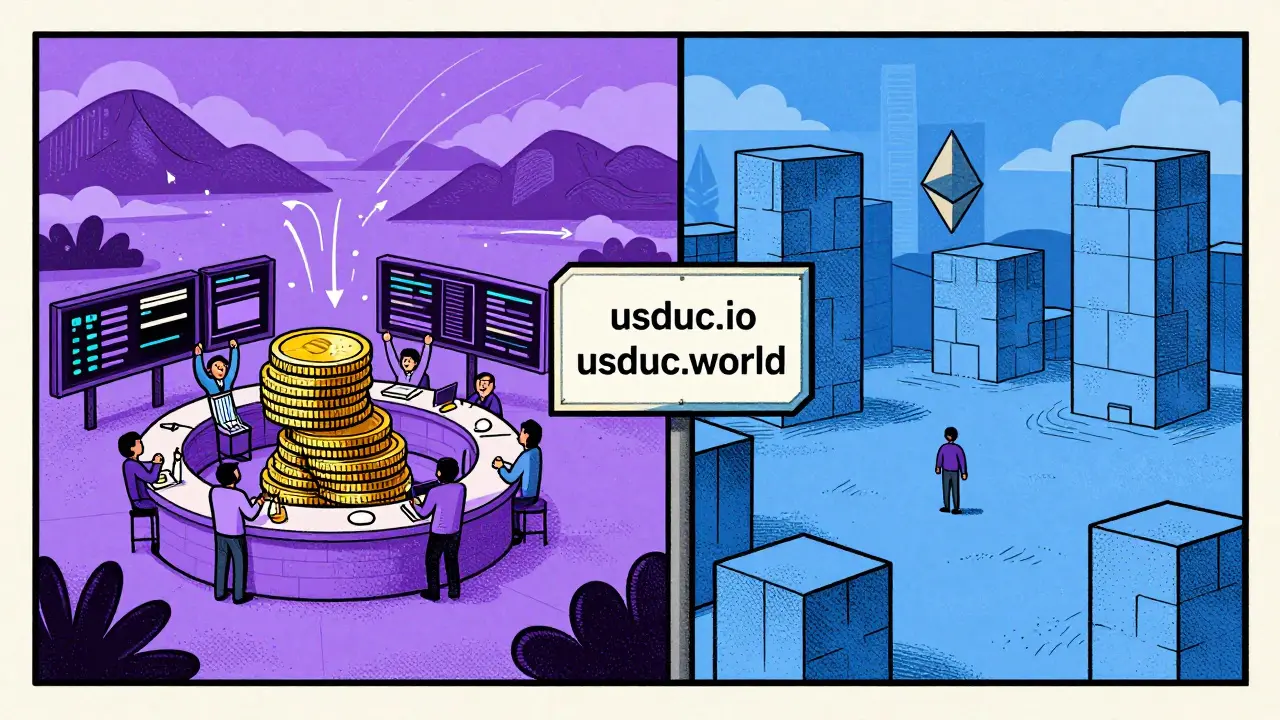 Split screen cartoon showing active Solana trading vs quiet Ethereum network for USDUC.