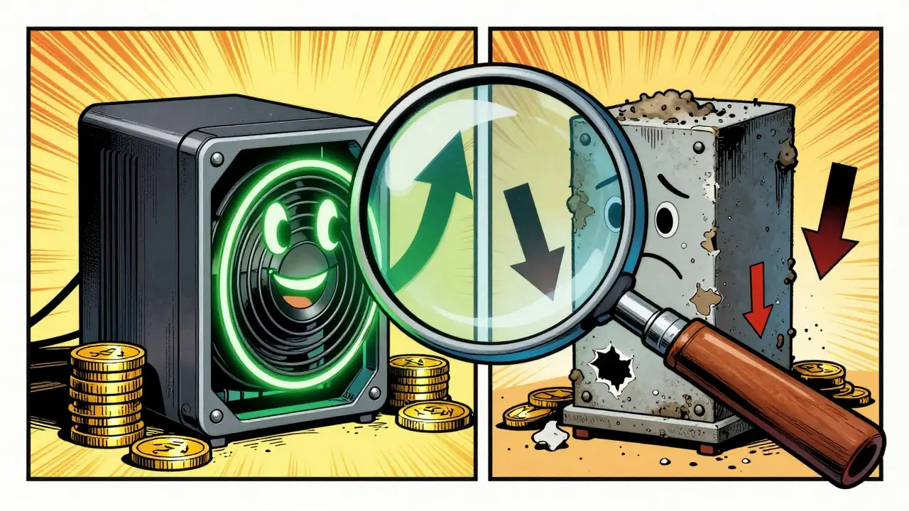 Split view comparing profitable new miner vs depreciating old miner cartoon