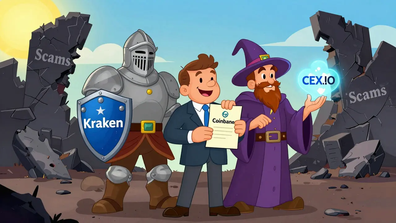 Three heroes representing Kraken, Coinbase, and CEX.IO standing safely against dark scam ruins.