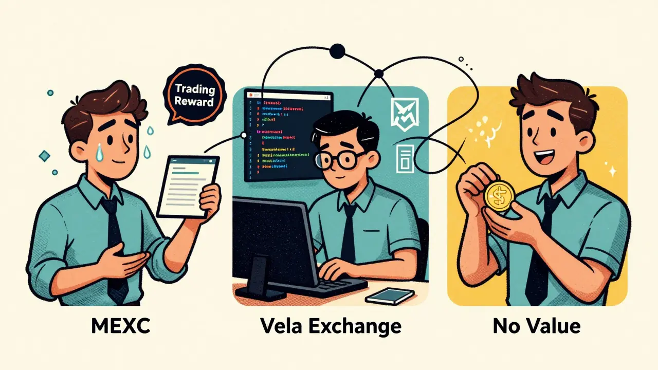 Three panels showing trading rewards, Vela exchange, and testnet