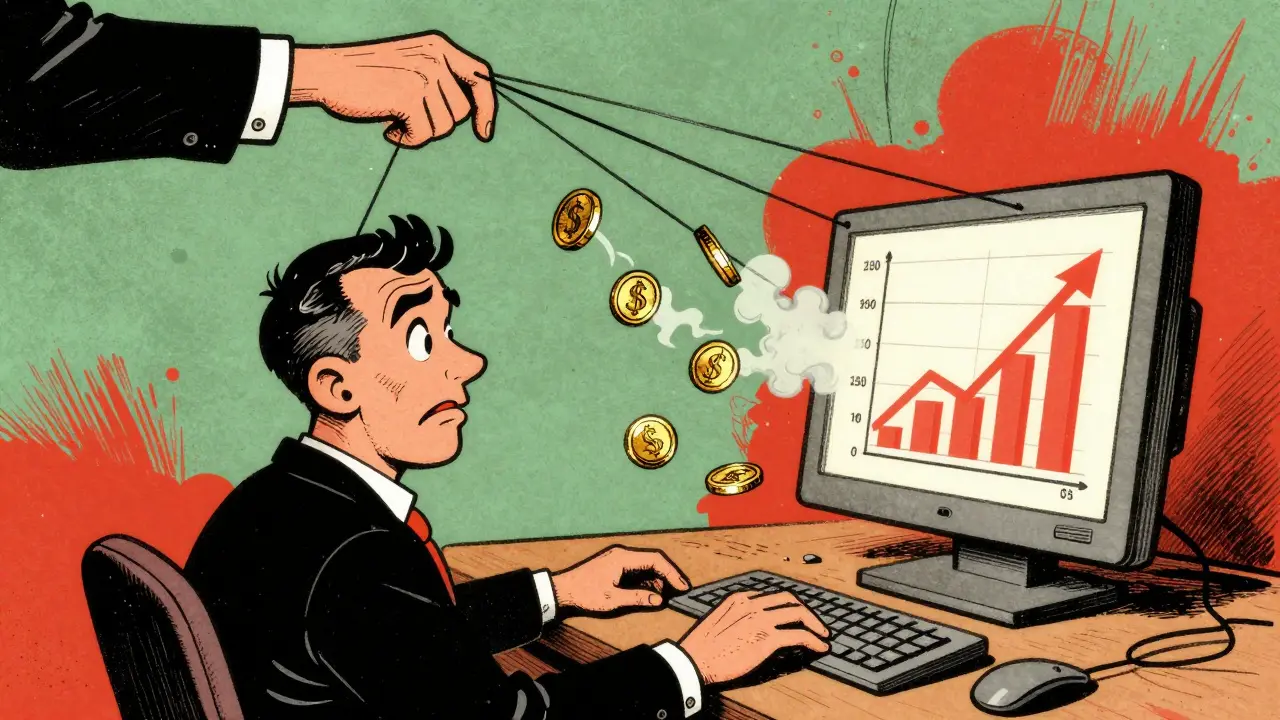 User trapped by fake profits and puppeteer hands in retro illustration
