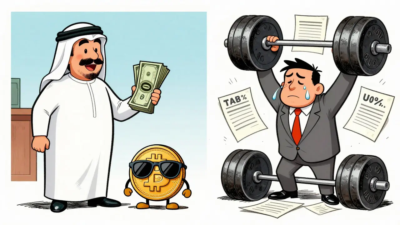 Vintage cartoon comparing zero tax in UAE vs high taxes elsewhere