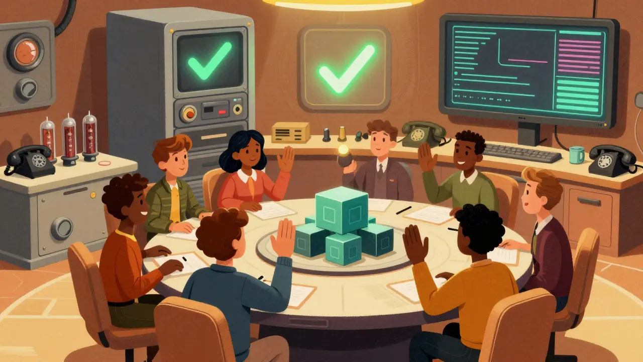 Vintage cartoon of diverse characters voting in a retro-futuristic decentralized governance hall.