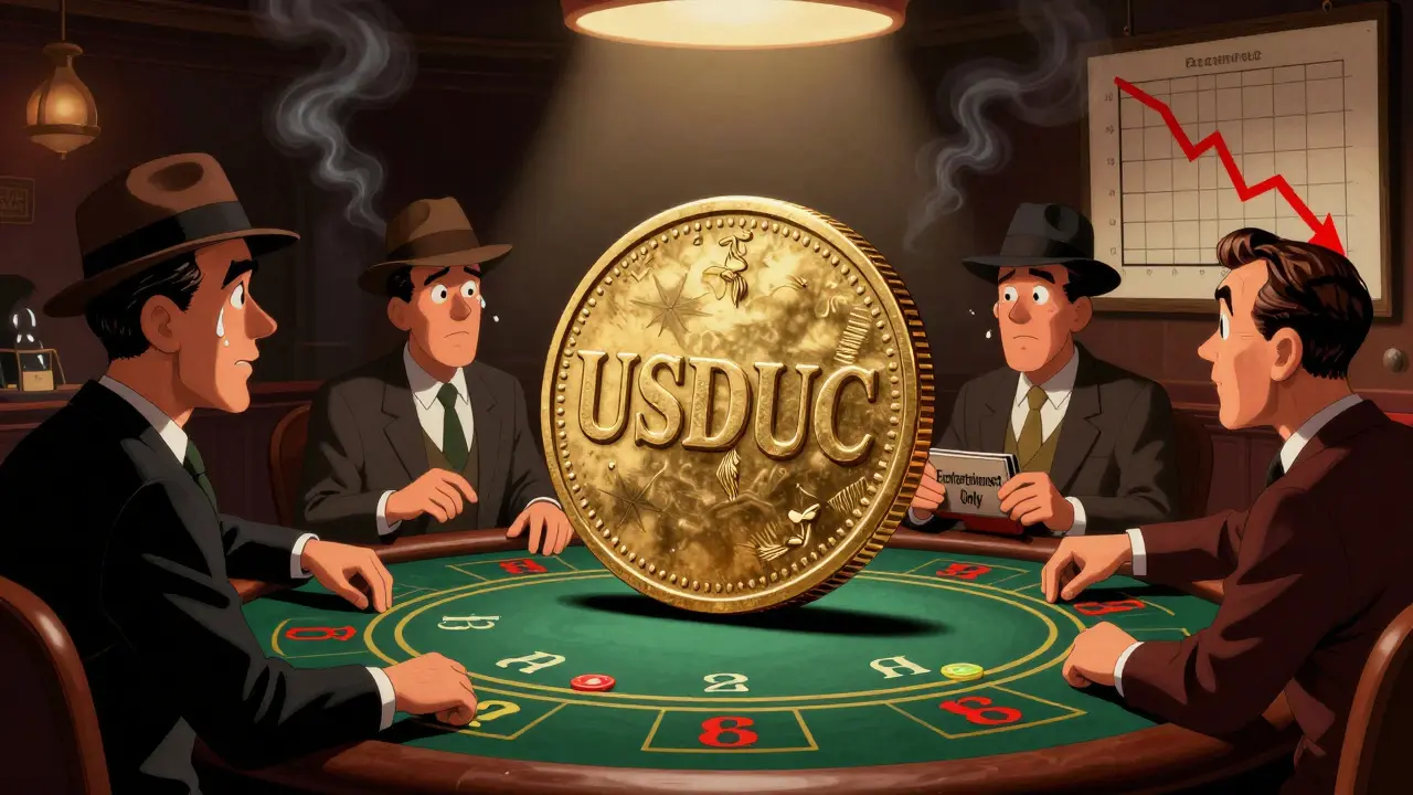 Vintage cartoon of investors watching a wobbling USDUC coin on a risky casino table.