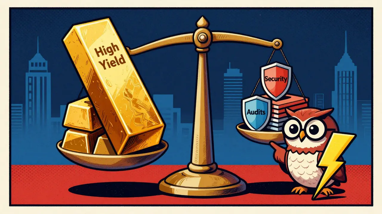 Vintage cartoon showing balance between yield and security