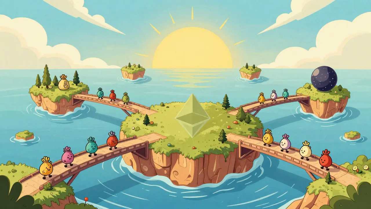 Vintage cartoon showing bridges connecting blockchain islands for cross-chain expansion