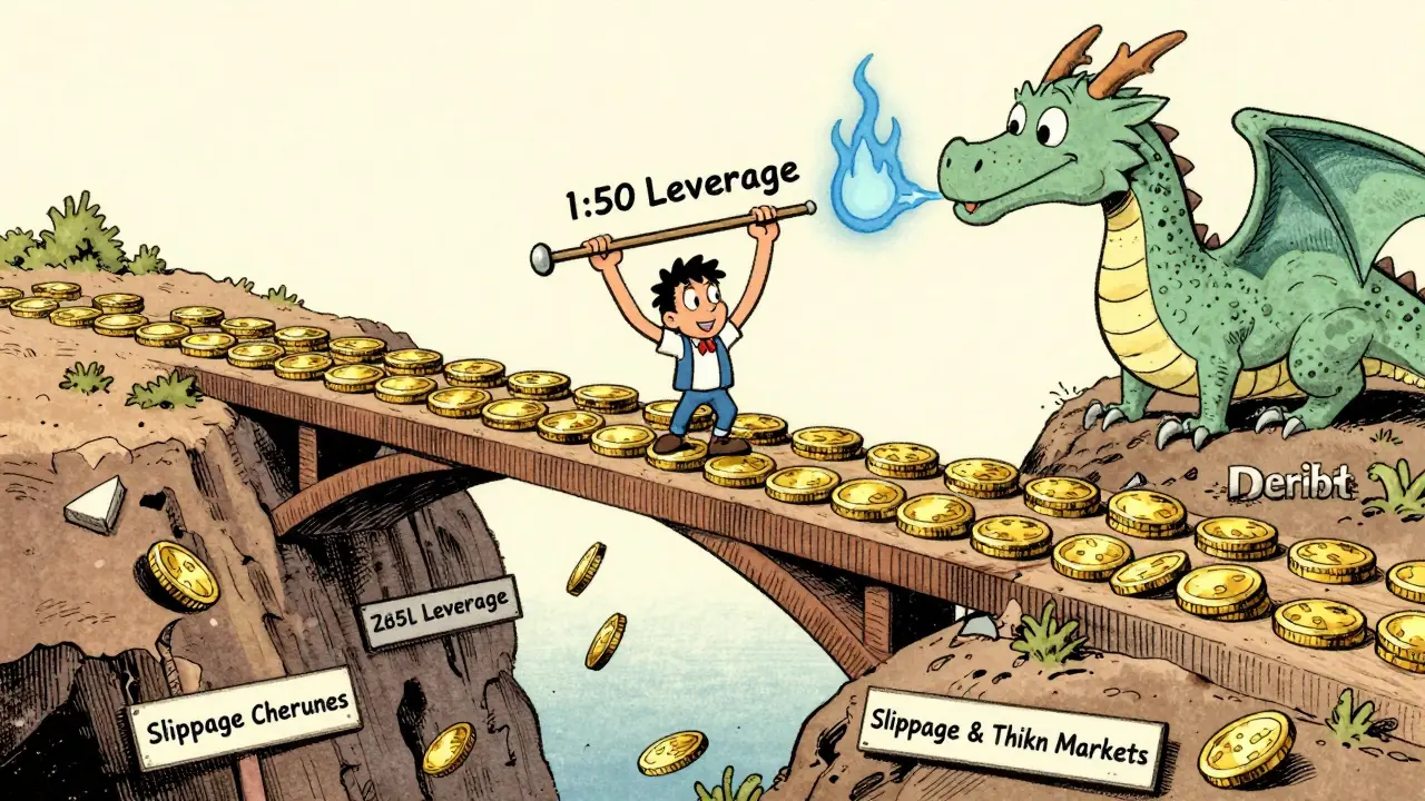 Vintage cartoon showing deep liquidity bridge vs slippage chasm for traders