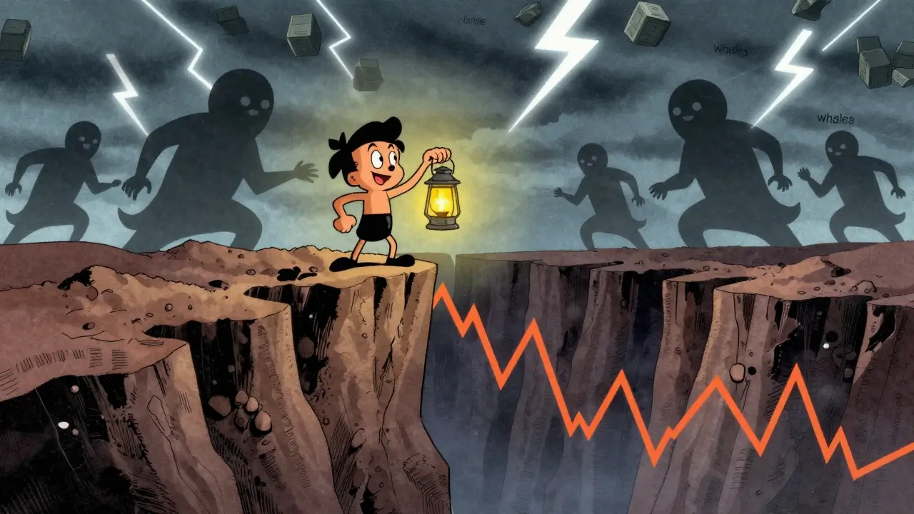 Vintage comic art showing a character on a volatile price mountain, symbolizing crypto investment risk.
