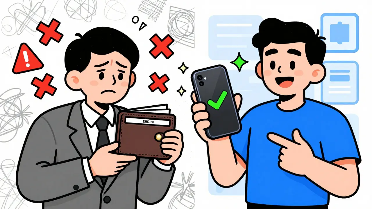 Vintage comic contrasting wrong ERC-20 wallet with correct Solar mainnet wallet