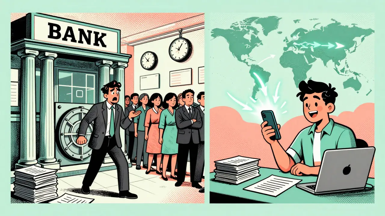 Vintage comic showing slow bank transfers vs fast crypto payments globally.