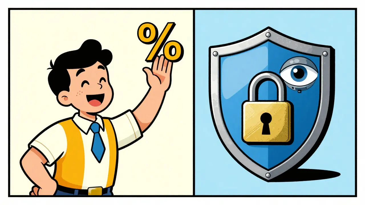Vintage comic style split view of low fees and AI security shield
