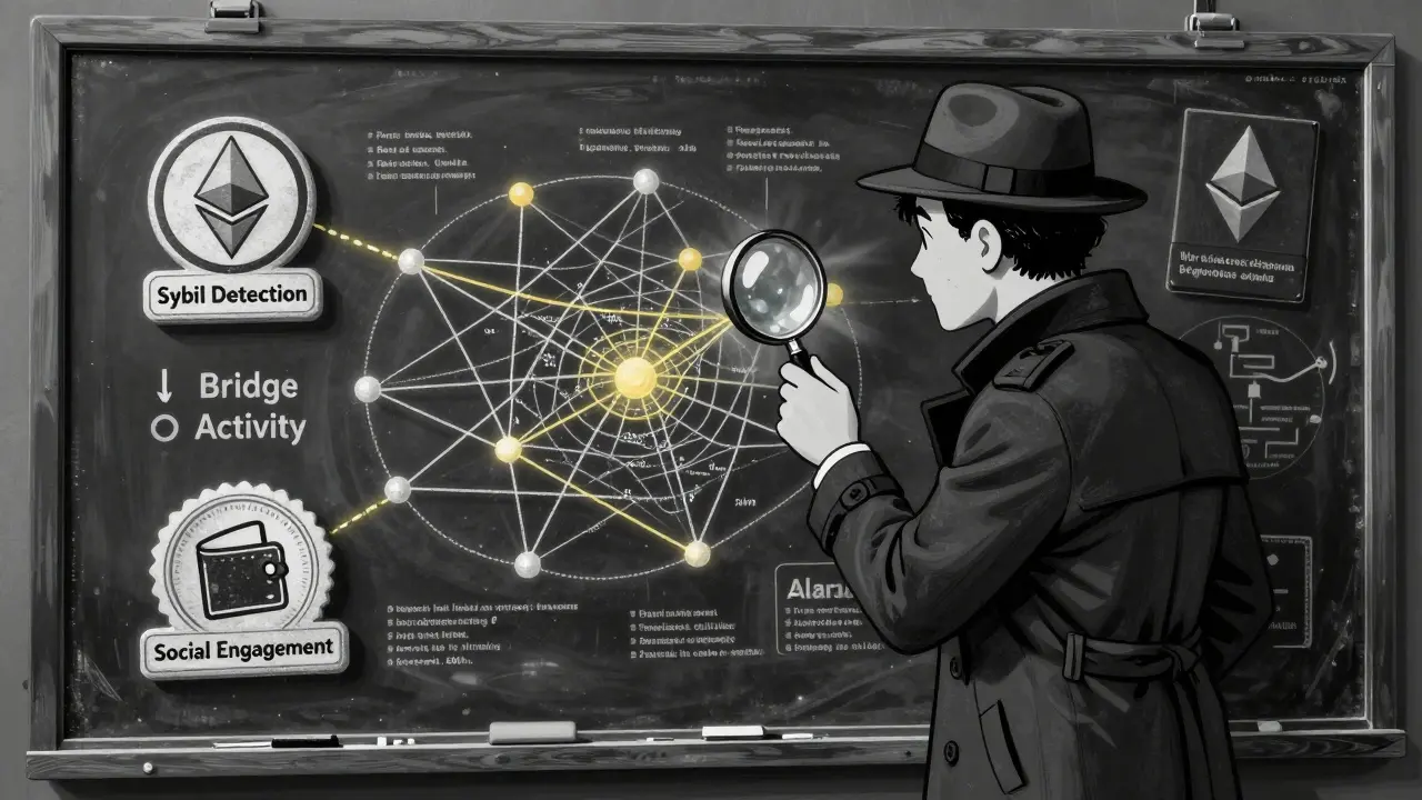 Vintage detective analyzing crypto wallet connections and eligibility criteria