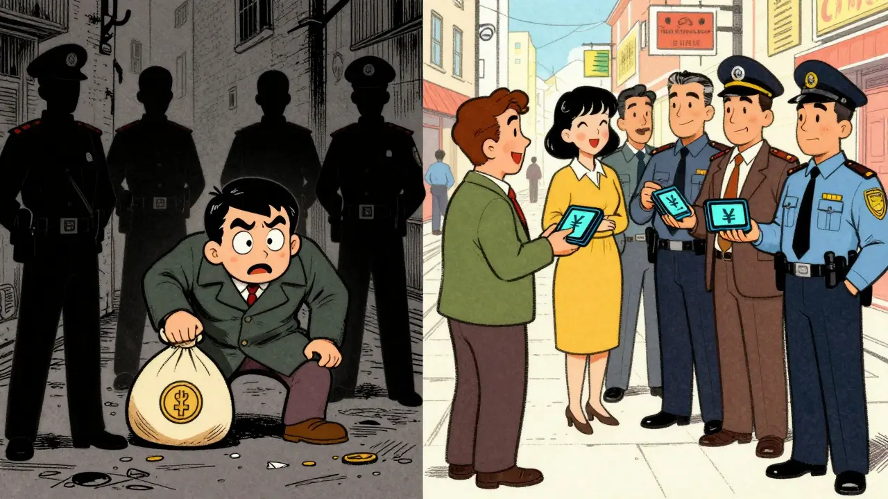 Vintage illustration contrasting illegal crypto hiding with legal digital yuan usage