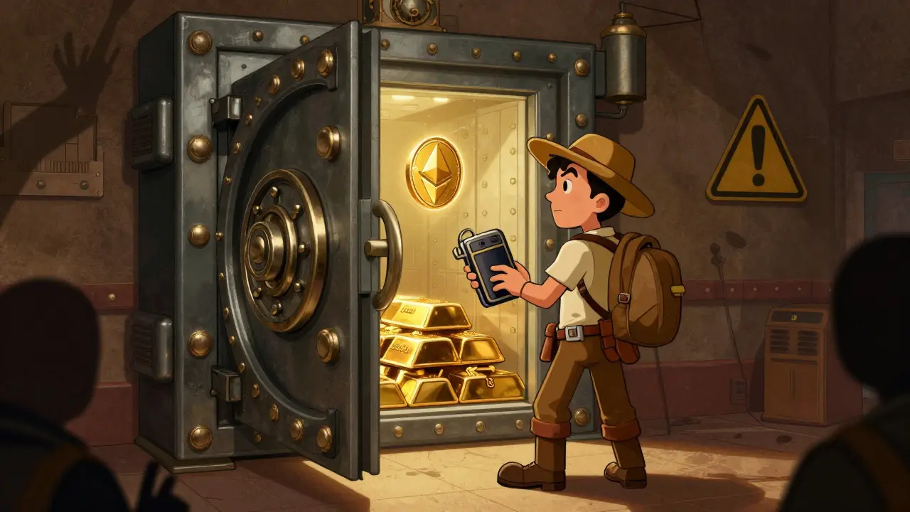 Vintage illustration of a character accessing a digital vault with a hardware wallet.