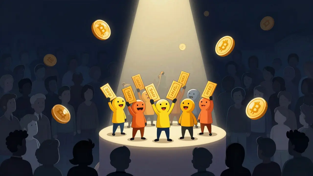 Vintage illustration of a few winners on a podium amidst a large dark crowd, holding golden tickets.