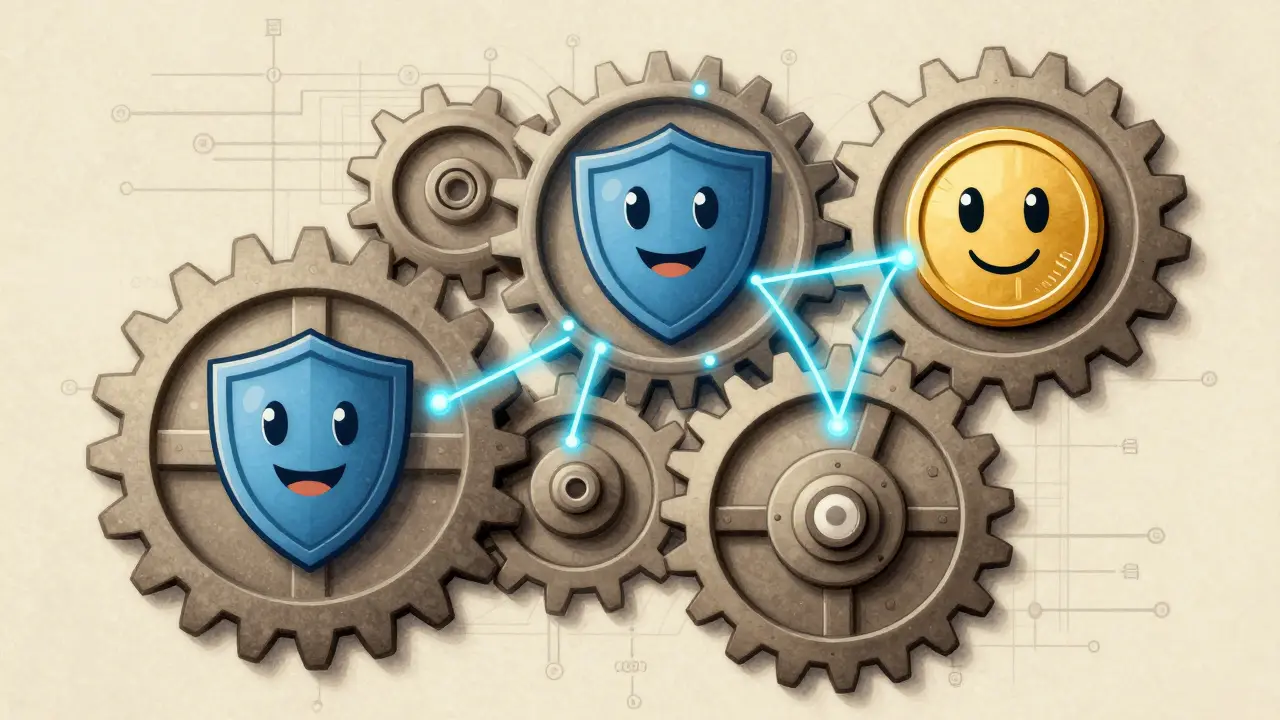 Vintage illustration of interlocking gears representing DeFi protocols.