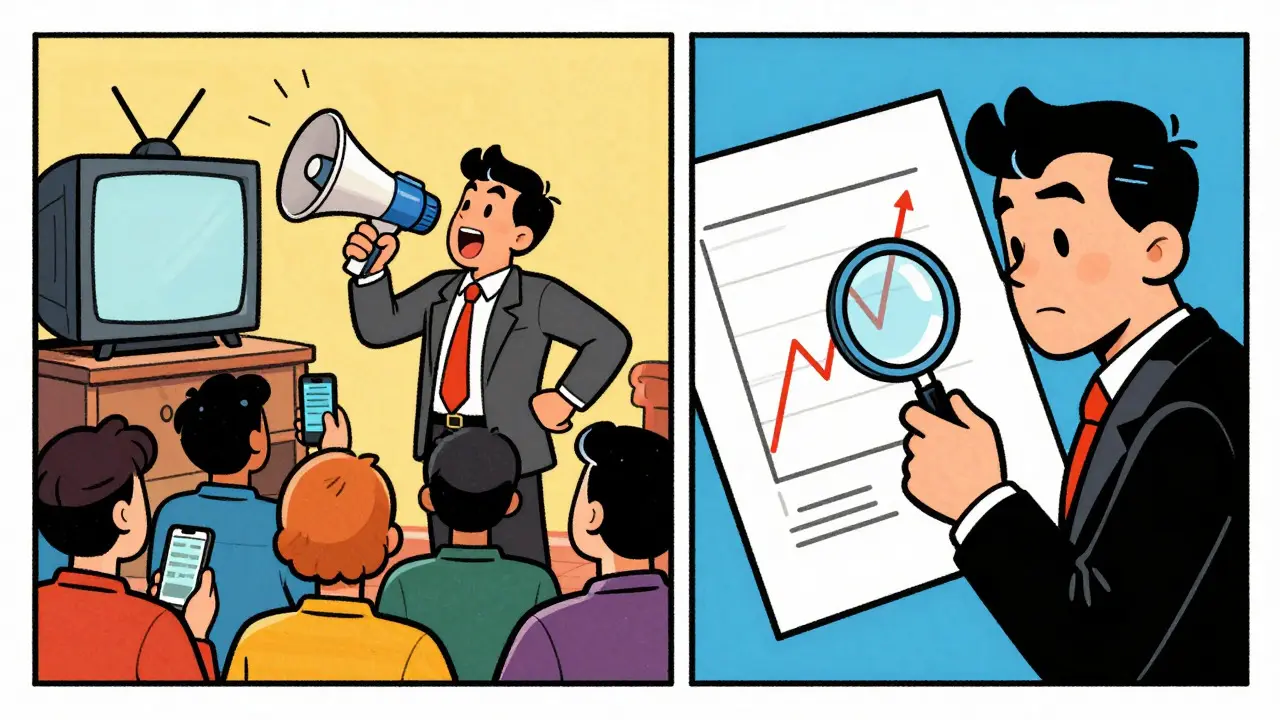 Cartoon advertiser vs skeptical investor looking at a volatile chart.