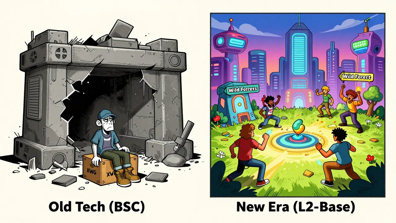 Cartoon comparing old stagnant crypto projects to vibrant new gaming ecosystems.