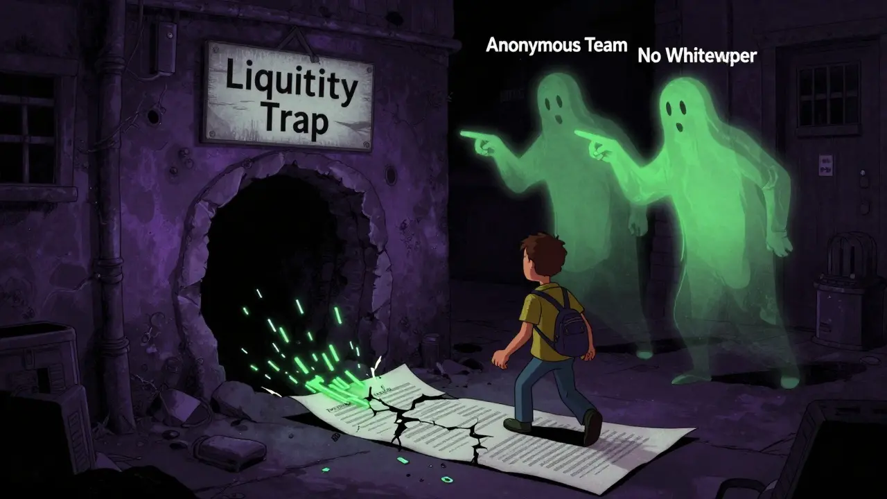Cartoon depiction of liquidity traps and anonymous team risks in crypto