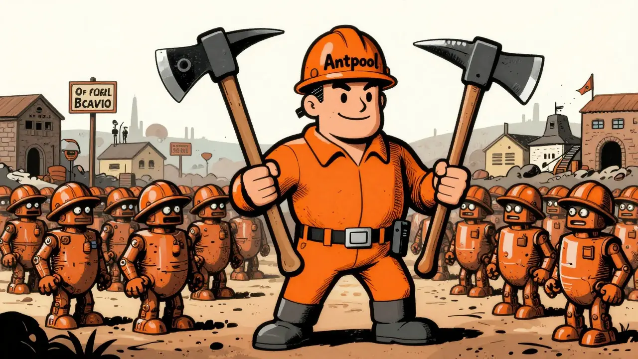Cartoon figure holding mining tools and pool sign, symbolizing Antpool's dual role.