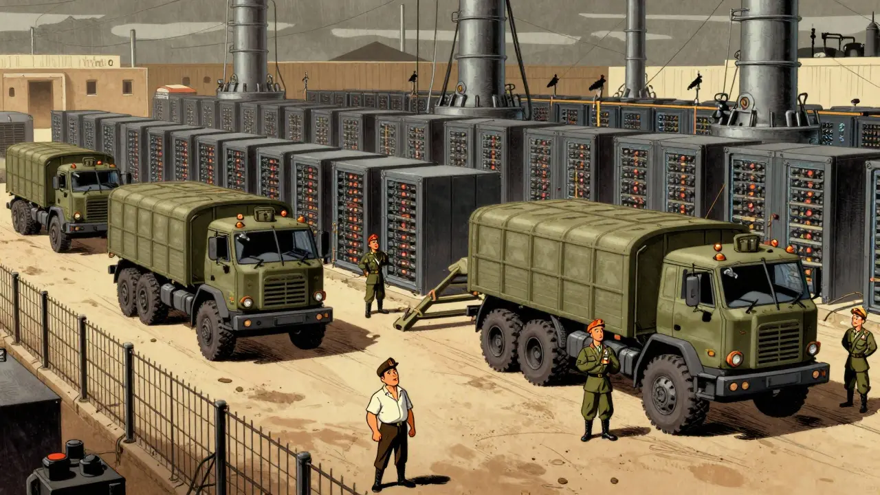 Cartoon showing massive state-run crypto mine vs small miner