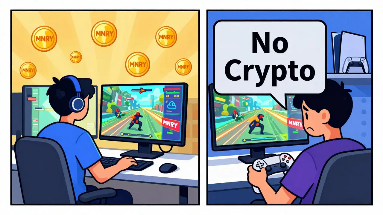Cartoon showing PC gamer using crypto tokens while PS5 player cannot