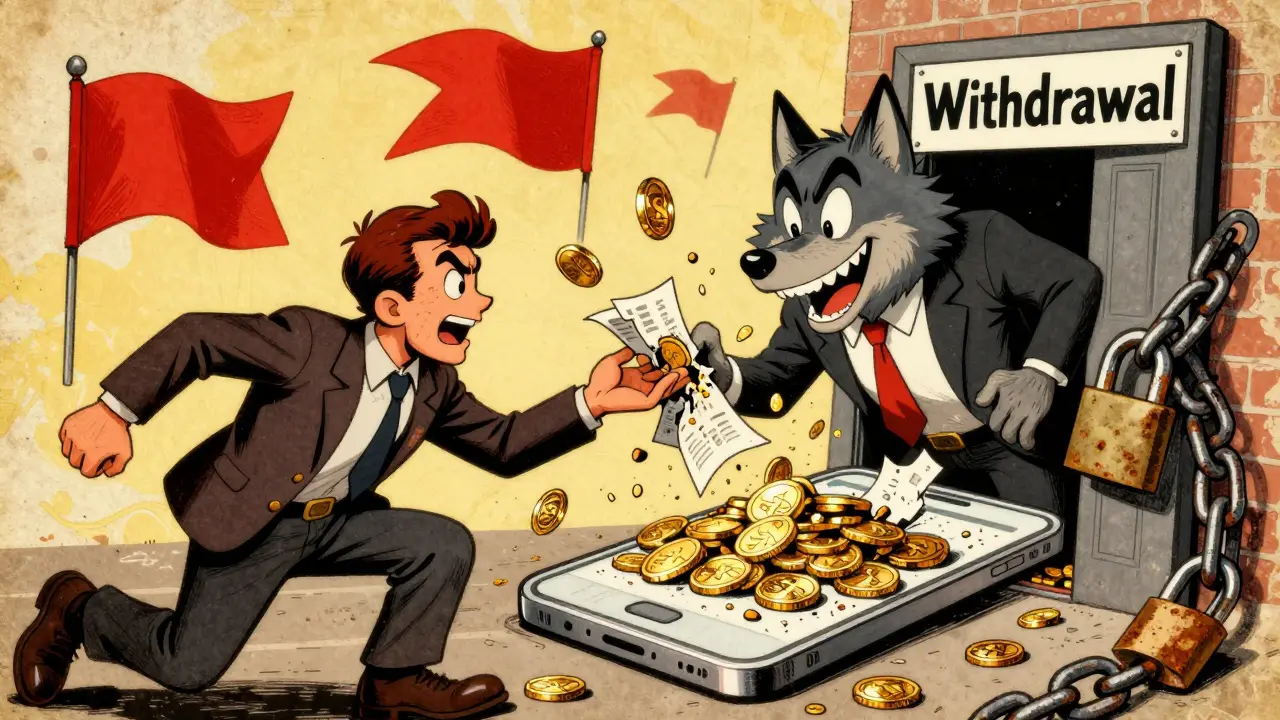 Cartoon wolf scammer luring user with fake coins and locked withdrawal doors