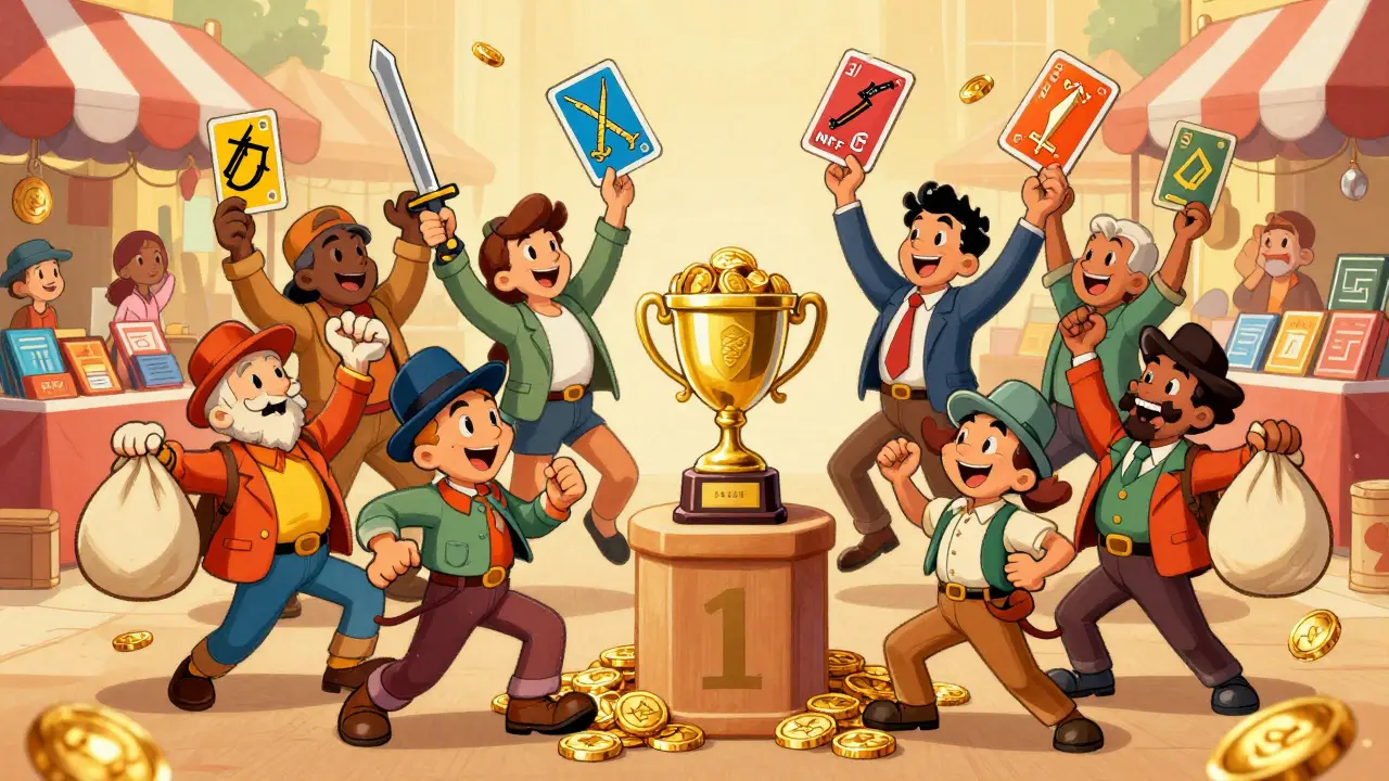 Characters celebrating with crypto rewards