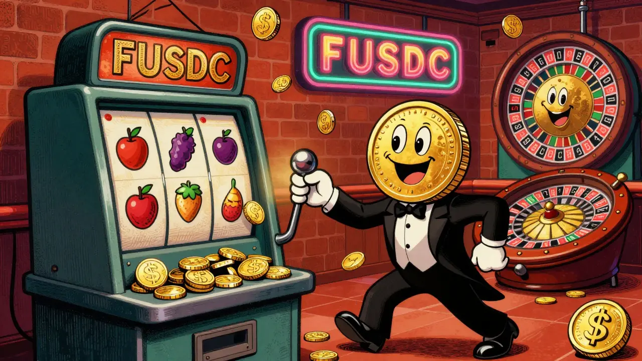 Cheerful FUSDC coin winning gold coins from a vintage casino slot machine