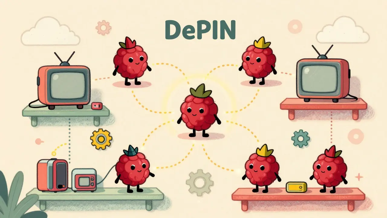 Cute Raspberry Pi nodes connecting to TVs in a whimsical cartoon network.