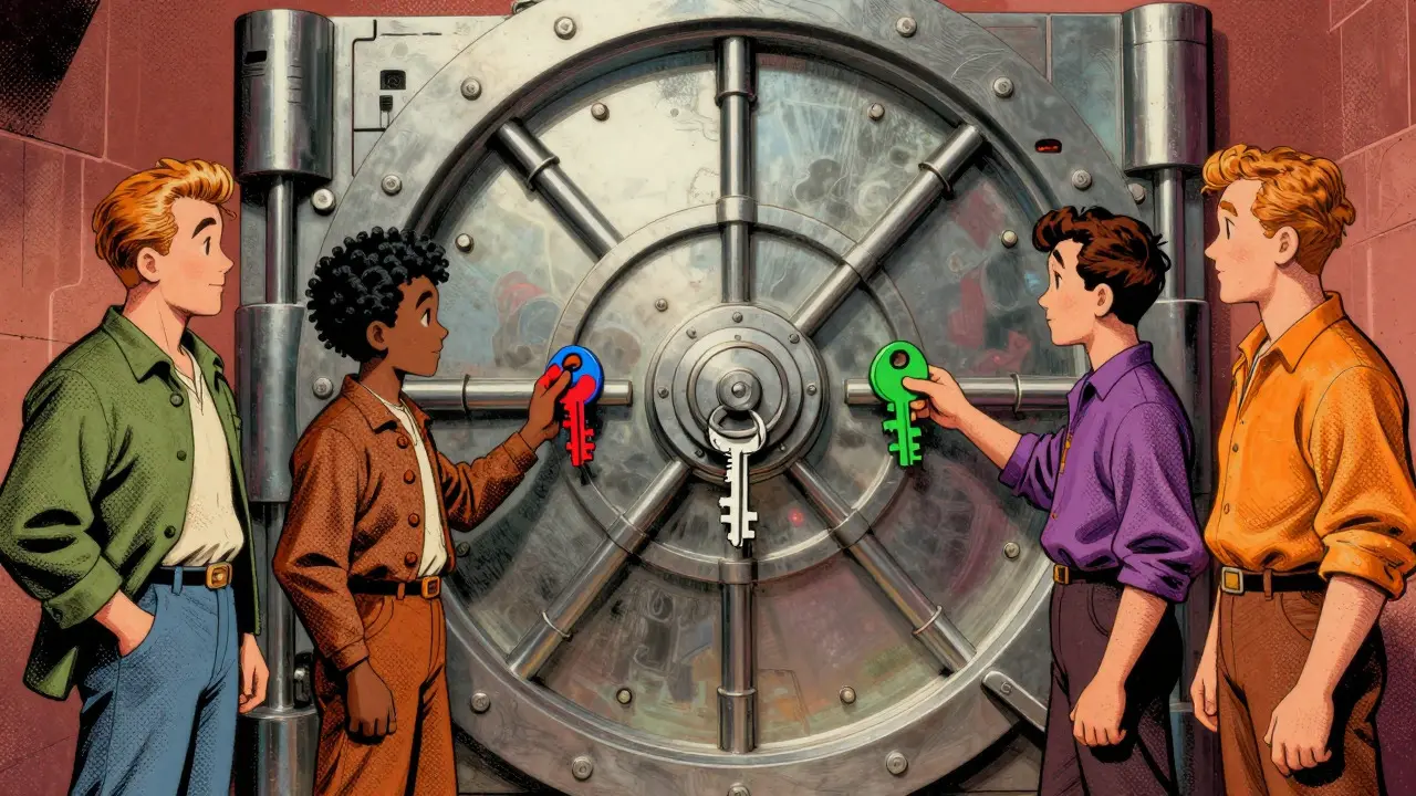 Five characters using multiple keys to unlock a secure blockchain vault door together.