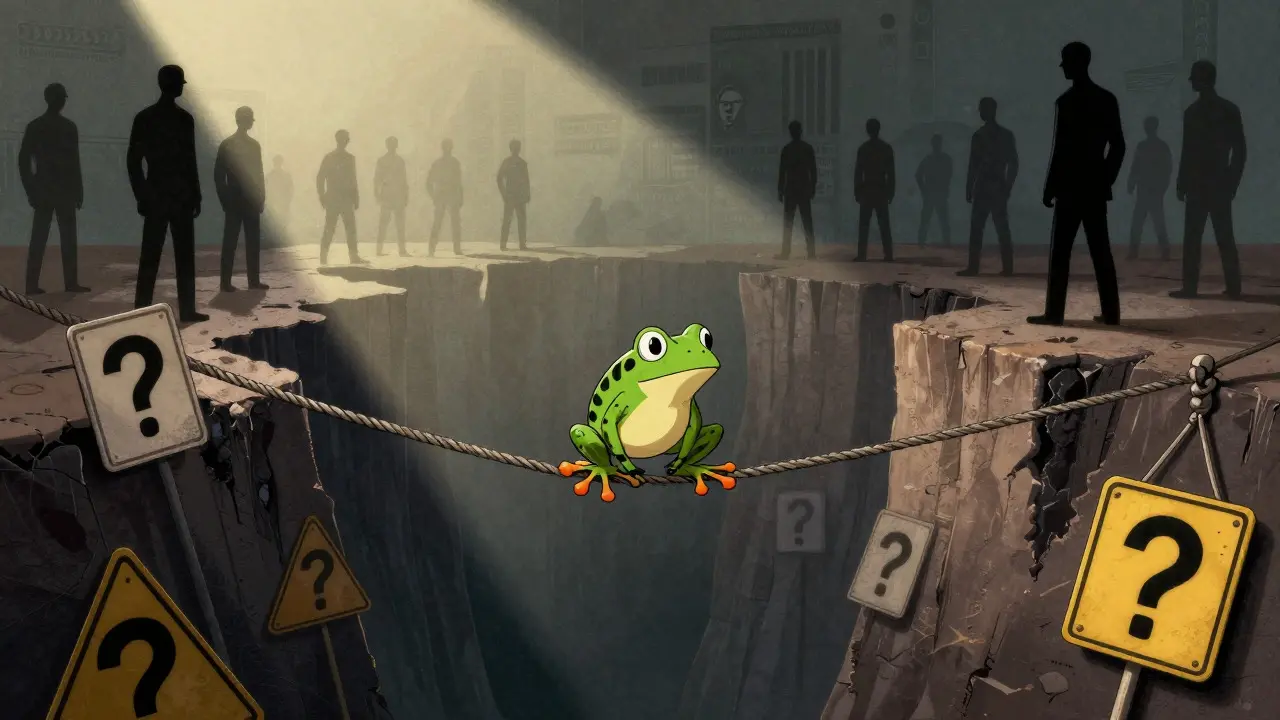 Frog balancing on tightrope representing crypto risks