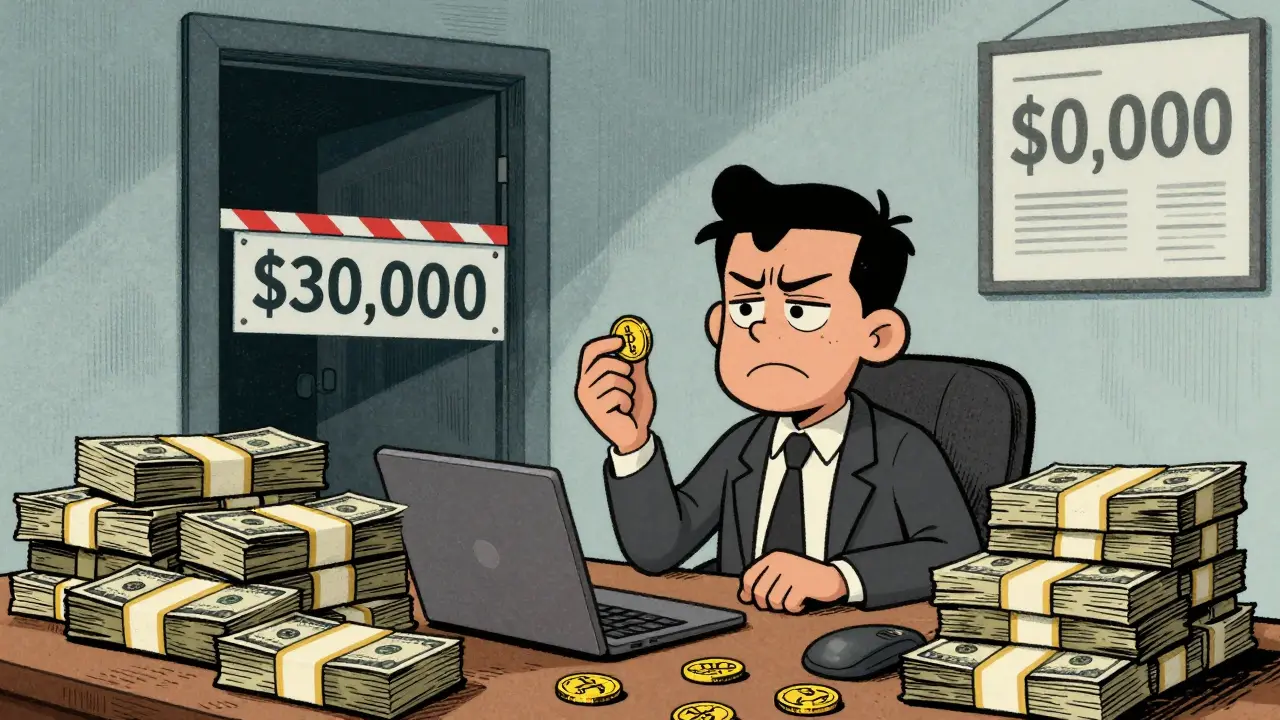 Frustrated cartoon trader overwhelmed by large stacks of cash representing high deposit limits.