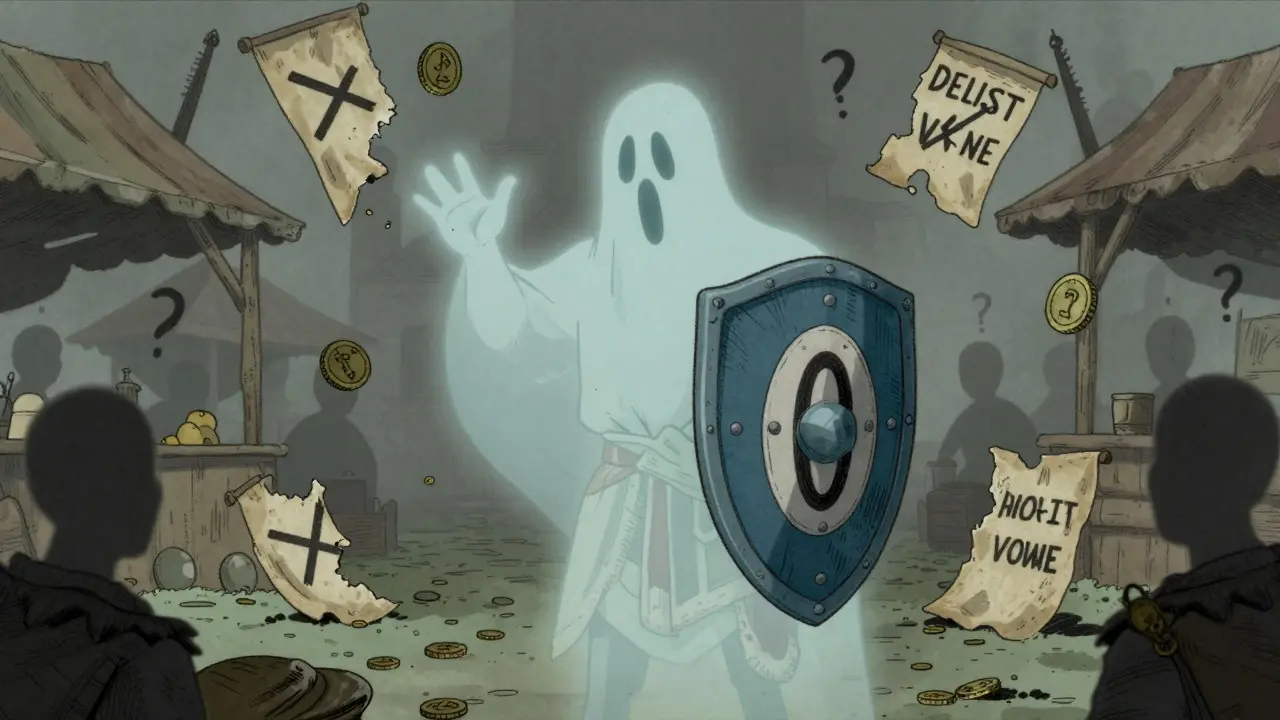 Ghostly Viking warrior holding a zero-value shield in an empty, foggy market.